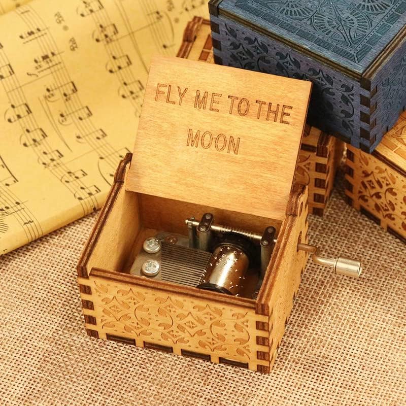 Image of Zesta Fly Me to The Moon Musical Box Gift | Romantic Music Crank Mini Collectible for Girlfriend, Boyfriend, Husband, Wife | Unique Musical Gifts for Music Lovers | Vintage Wooden Box