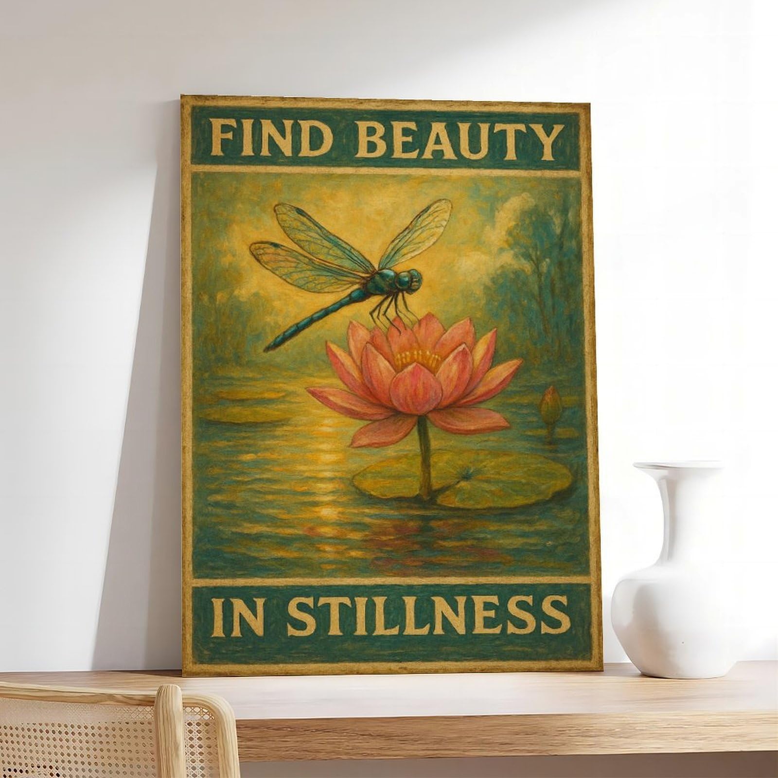 Poster su tela con libellula "Find Beauty in Stillness", per ufficio, idea regalo