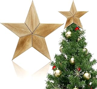 Leyndo 12'' Christmas Tree Topper Wood Star Christmas Tree Topper Decoration 3D Five-pointed Star Pentagram Plant Ornament for Xmas Holiday Indoor Outdoor Decoration