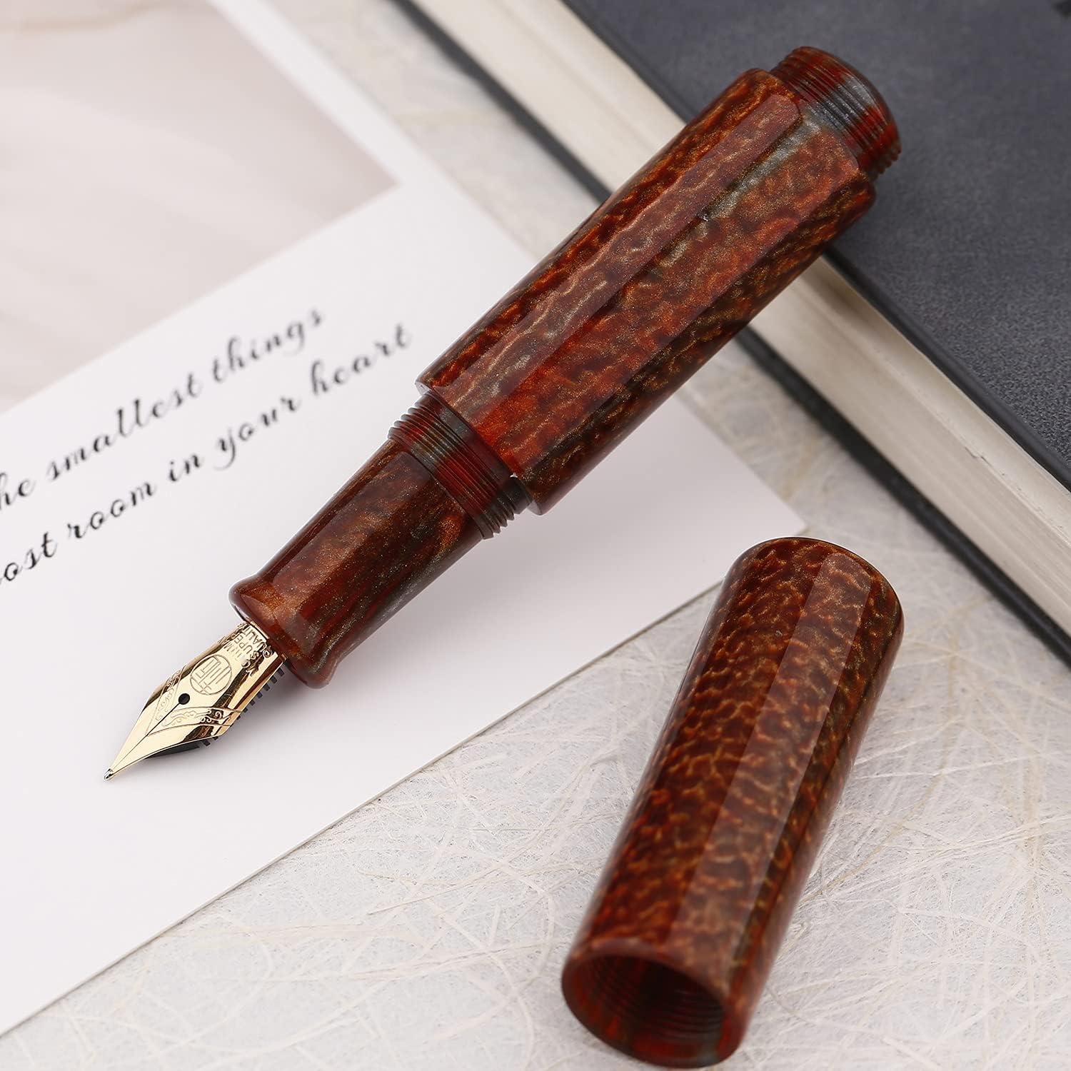 Majohn Wancai Mini Fountain Pen Extra Fine Nib, Brown Acrylic Pocket-Size Travel Short Pen with 6 PCS Black Ink Cartridges