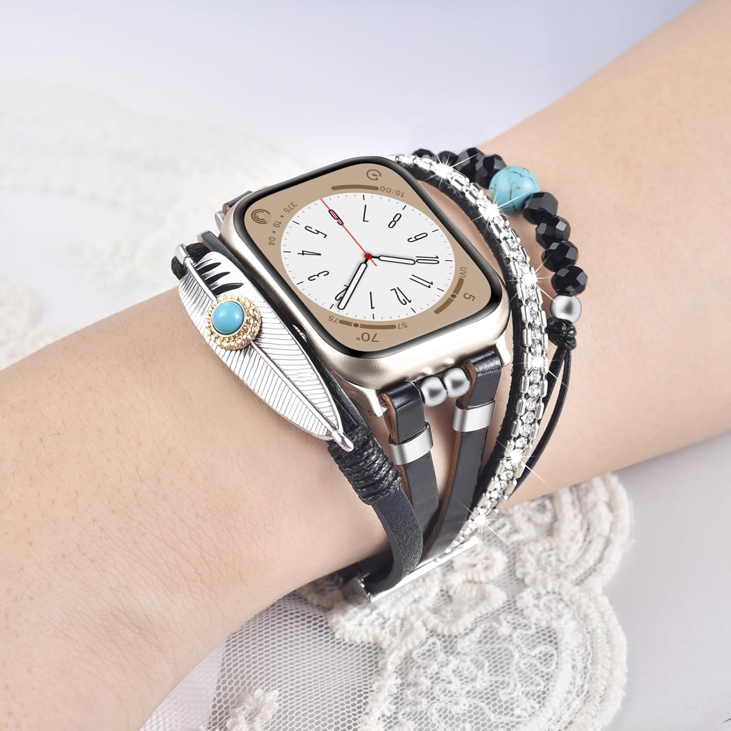 VISOOM Beaded Boho Bracelet CompatibleB For Apple Watch Bands Women 46/45/44/42mm,Posh Multilayer Fashion Handmade Leather Wrap For iPhone iWatch Apple Watch Series 10 9 8 SE 7 6 5 4 3 2 1