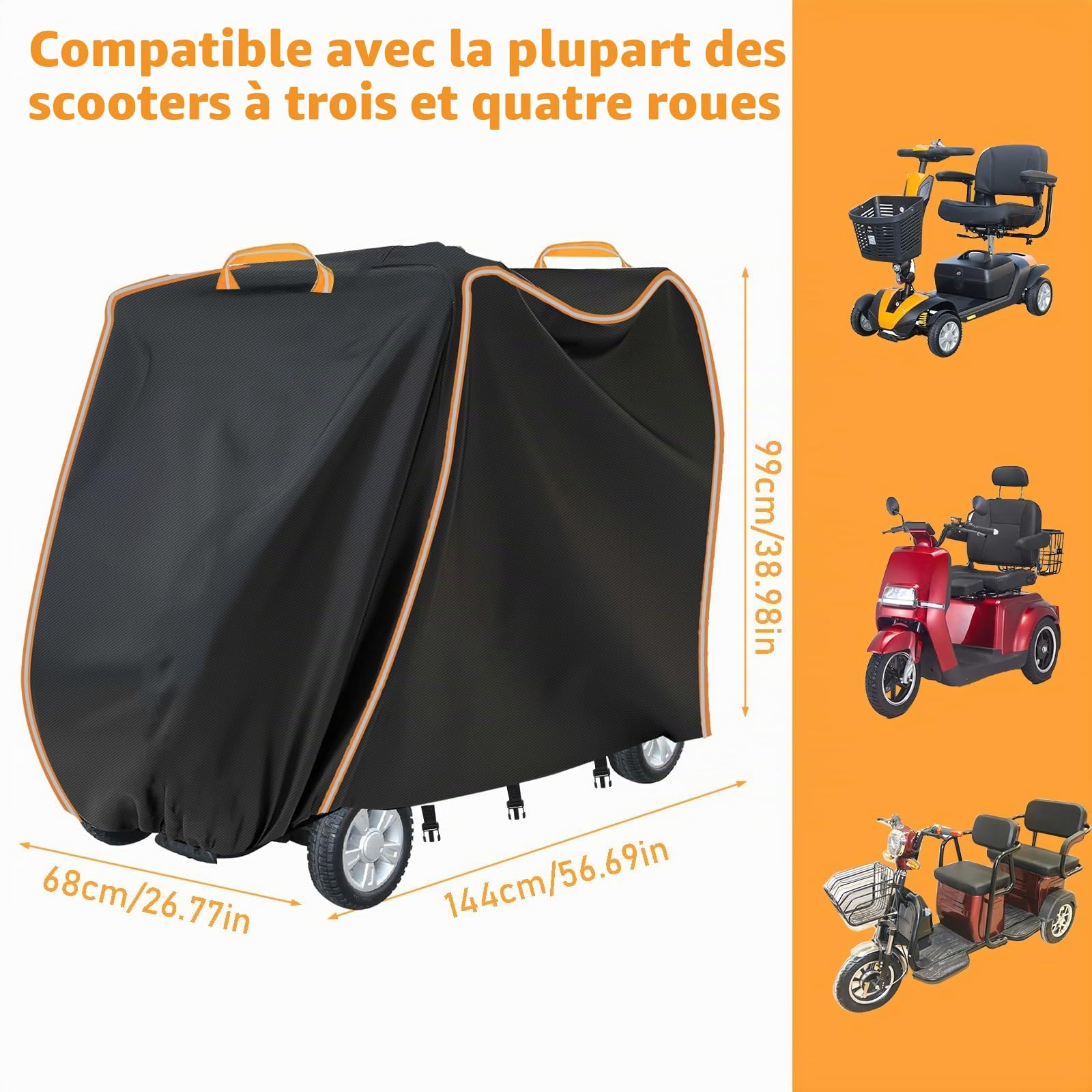 JOJOCY Housse robuste imperméable pour scooter de mobilité - Tissu Oxford 420D avec bandes réfléchissantes et boucles de fixation - Pour scooters à 3 et 4 roues (XL, 144 x 99 x 68 cm)