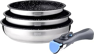 Arthur Martin AM9728 Set de 3 poêles avec revethement anti adhérent Acier Inoxydable Poignée amovible Tous feux dont induction