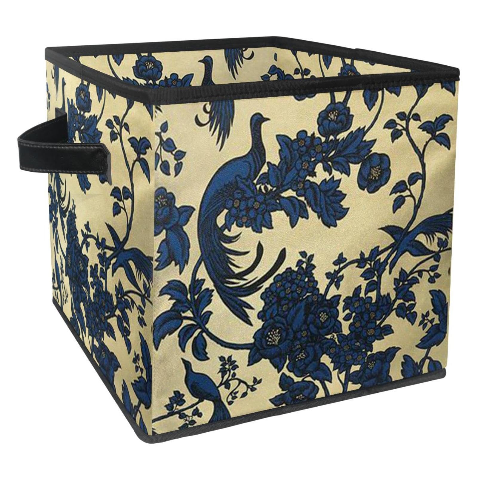 Panier de rangement en tissu motif oiseaux bleus avec poignées pour la maison