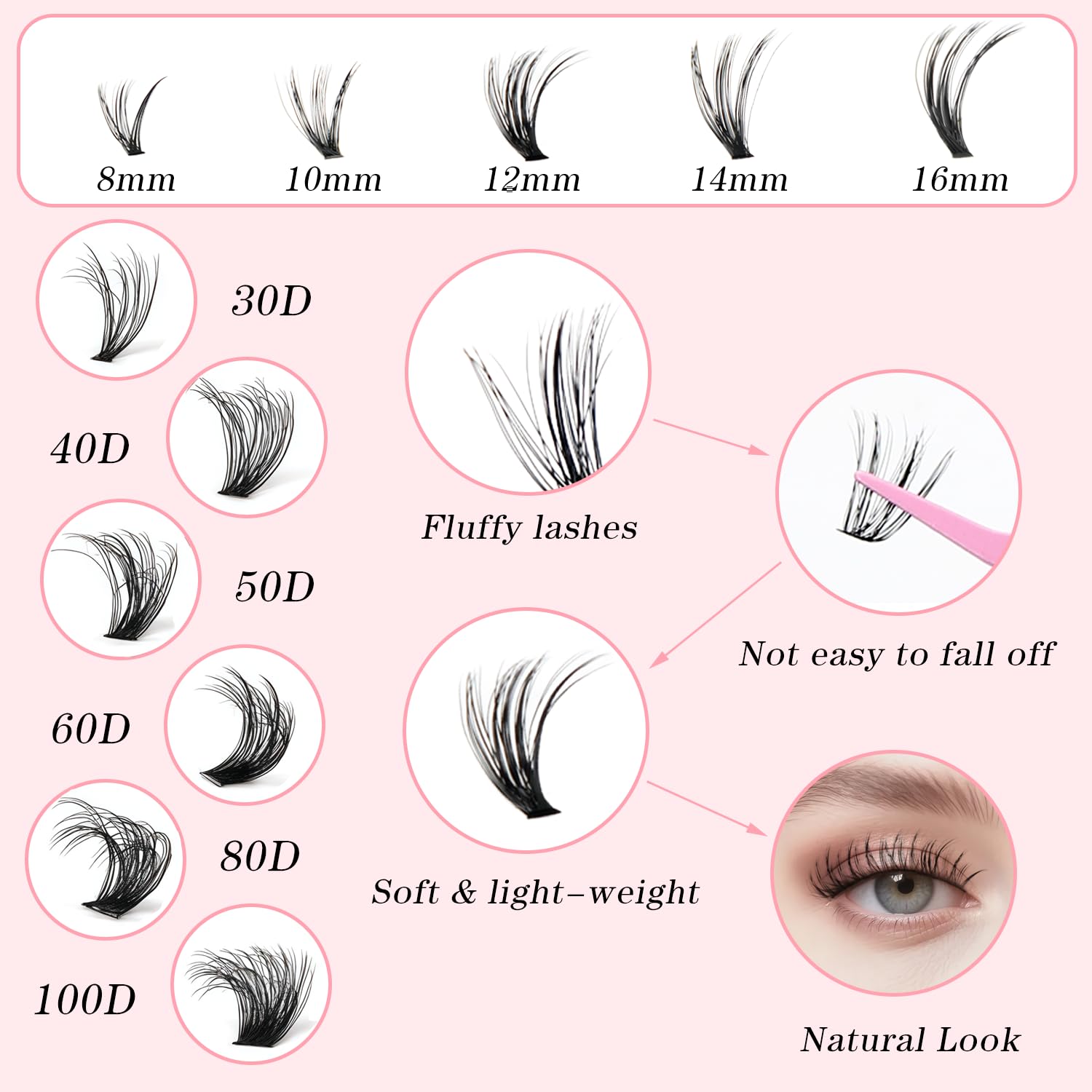 Ciglia Finte Ciuffetti,580 Pezzi Kit Extension Ciglia,30-40-50-60-80-100D Lash Cluster,Ciuffetti Ciglia Finte Kit per Ragazze e Donne Principianti (8-16mm Mix)