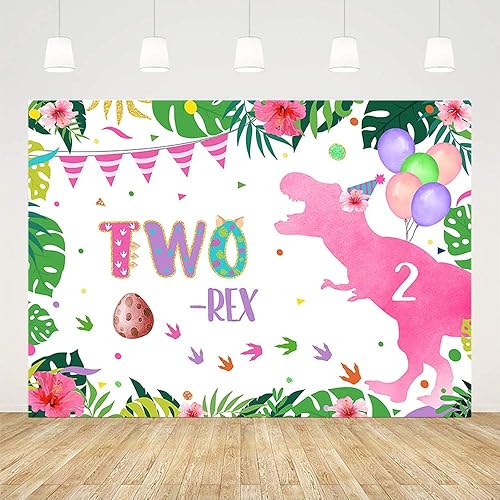 Miniatura 2 de Fondo de 2 cumpleaños de dinosaurio rosa de 7 x 5 pies para niña, decoración de fiesta de cumpleaños Rex, bosque, selva, animales salvajes, globo de
