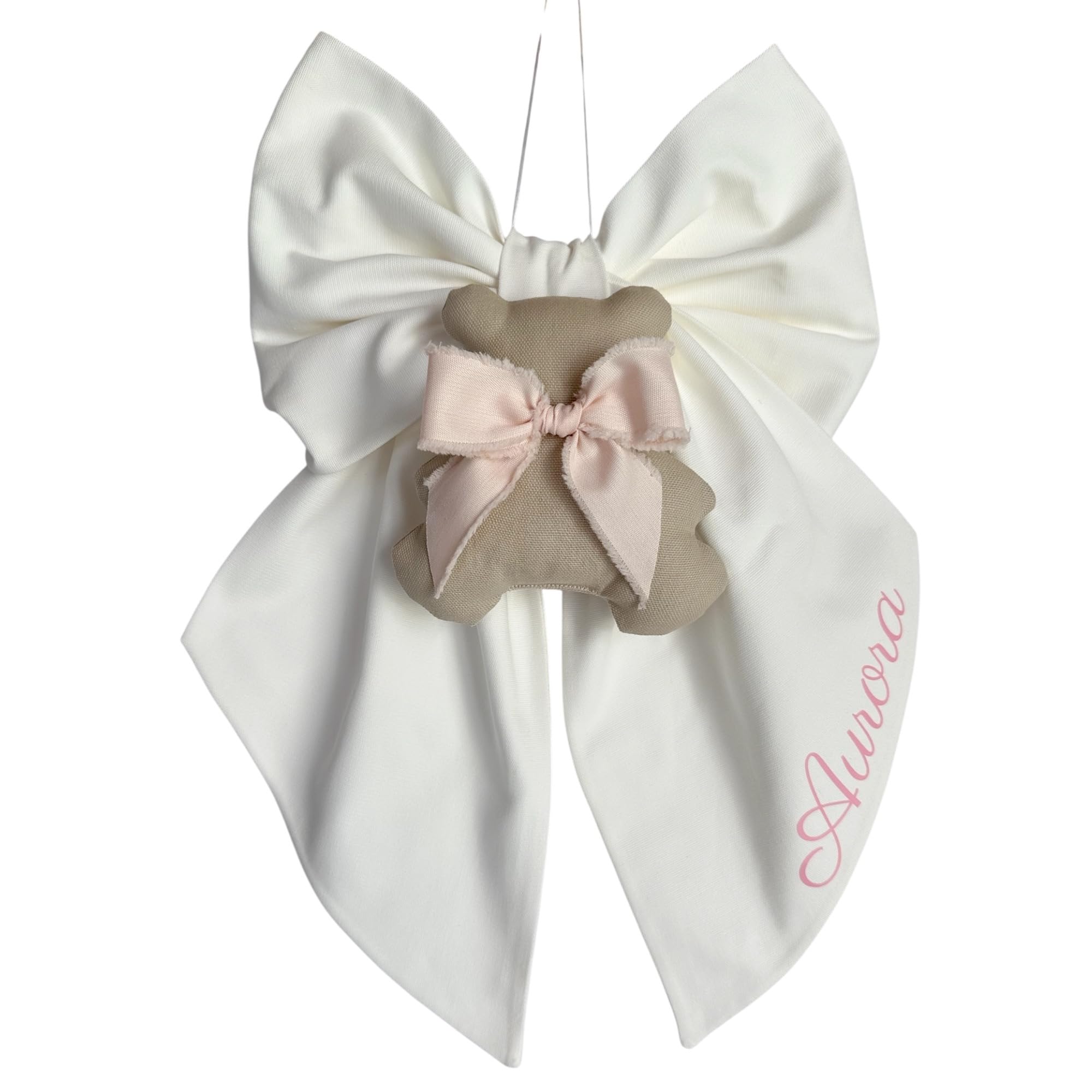 Fiocco nascita Teddy personalizzato con nome bambino/bambina fatto a mano in Italia (Bianco - teddy rosa)