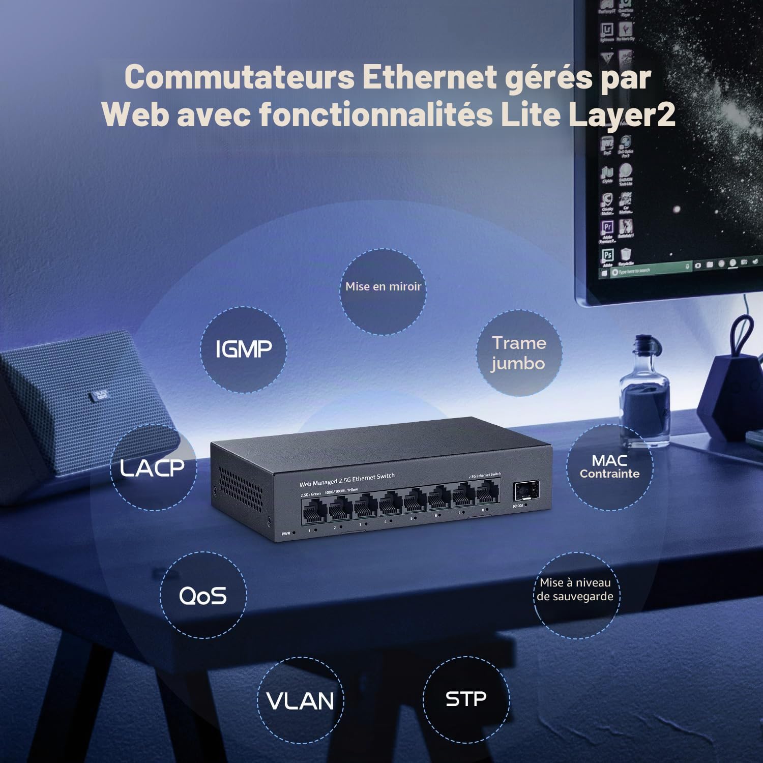 YuLinca 8 ports 2,5 G Easy Web Managed Switch, 1 fente SFP+ 10G, LACP/QOS/VLAN/IGMP, mini commutateur métallique sans ventilateur 2,5 Gb