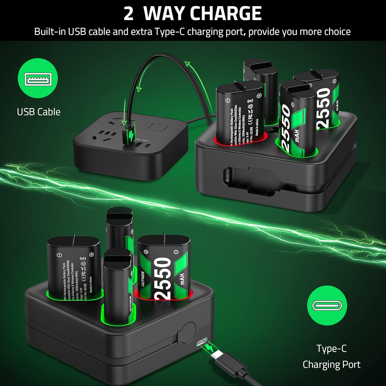 Charger for Xbox One Controller Battery Pack, 4X 2550mAh Xbox 1 Rechargeable Battery Packs Charging Station, Xbox One Battery Charger Accessories Kit for Xbox Series X|S/One S|X/One Elite Controllers