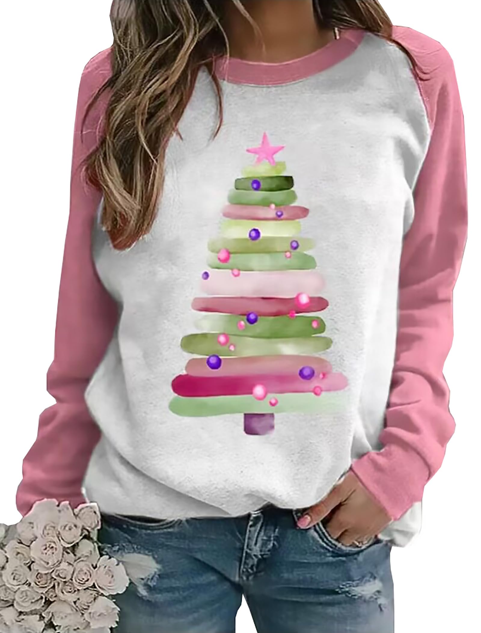 Women's Watercolor Tree Print Sweatshirt Merry Christmas Graphic Tees Cute Christmas Tree Shirts Casual Pullover Tops