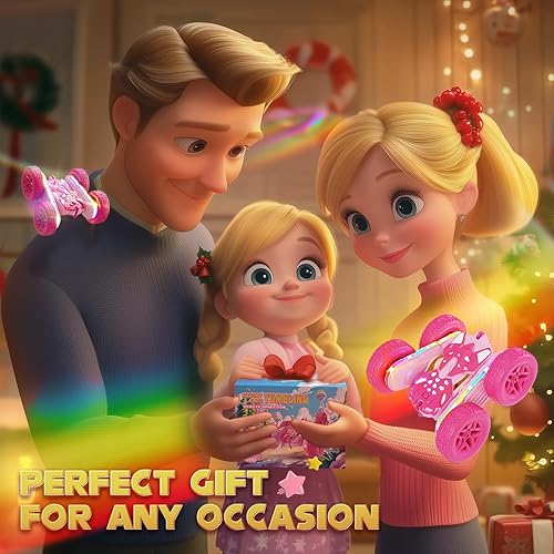 Miniatura 7 de Coche de control remoto para niñas, autos RC rosados, autos a control remoto para niñas, juguetes de doble cara giratoria de 360 con faros 4WD,