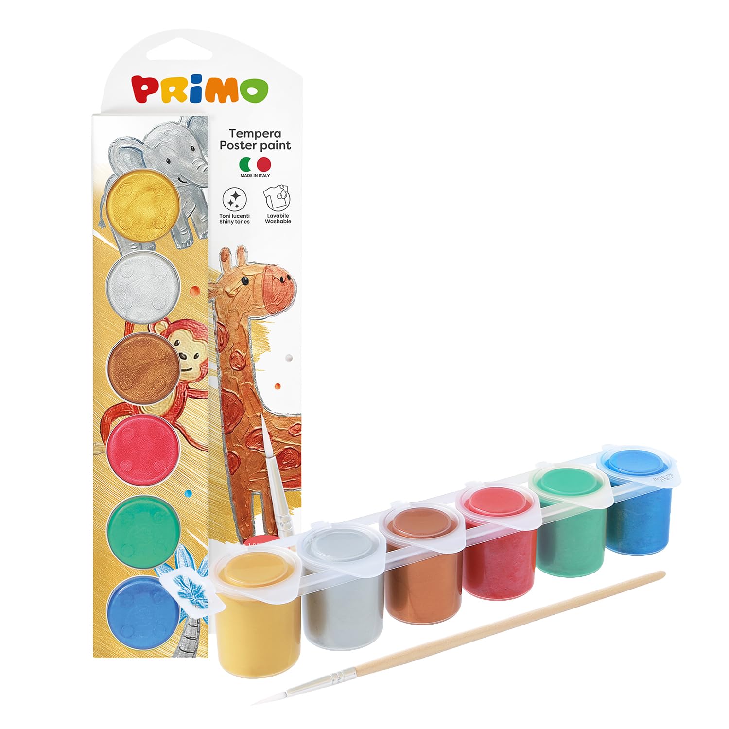 PRIMO - Tempere per Dipingere + 1 Pennello, Kit 6 Colori per Bambini 3+ Anni (25 ml) Cartoleria, Pittura, Lavoretti Creativi, Didattica - Tempera Coprente su Più Superfici, Colore Metal Miscelabile