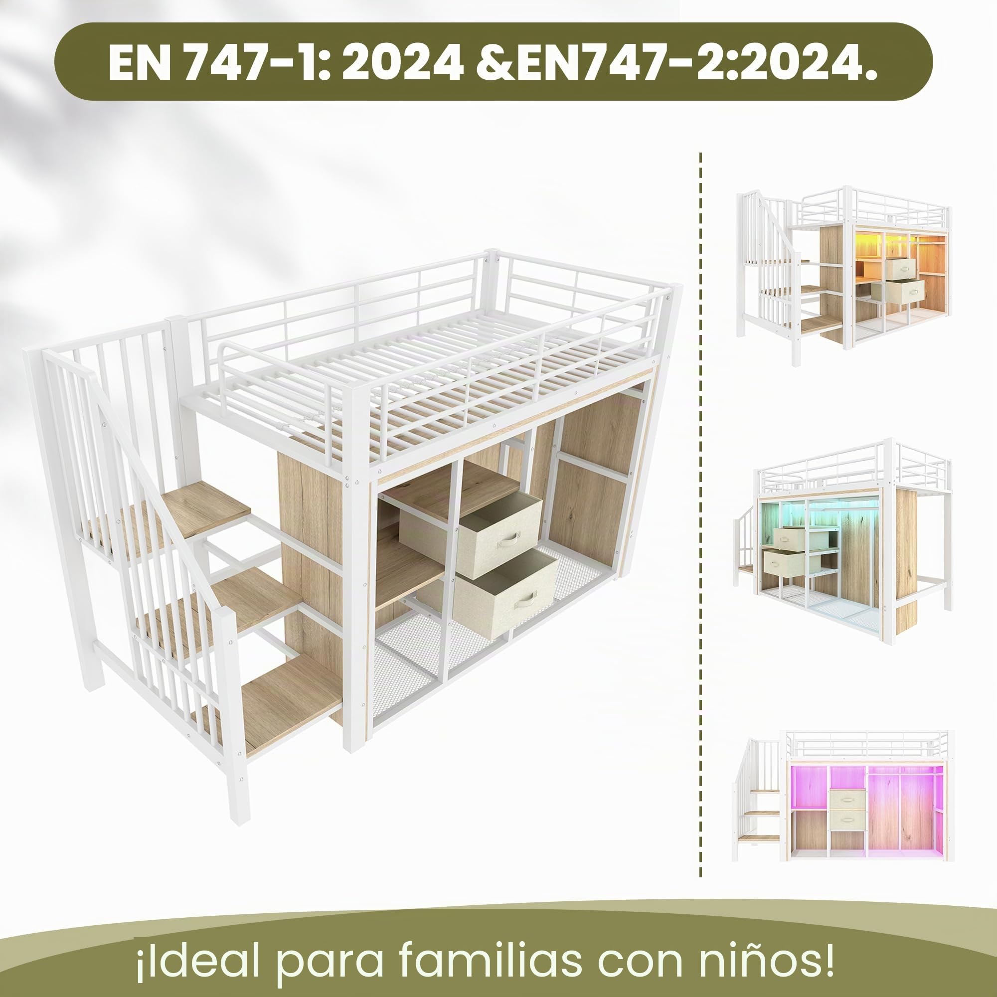 Idemon 90 x 200 cm, cama alta, 2 cajones, armario abierto, iluminación ambiental, muchos compartimentos de almacenamiento, colchón no incluido (blanco)