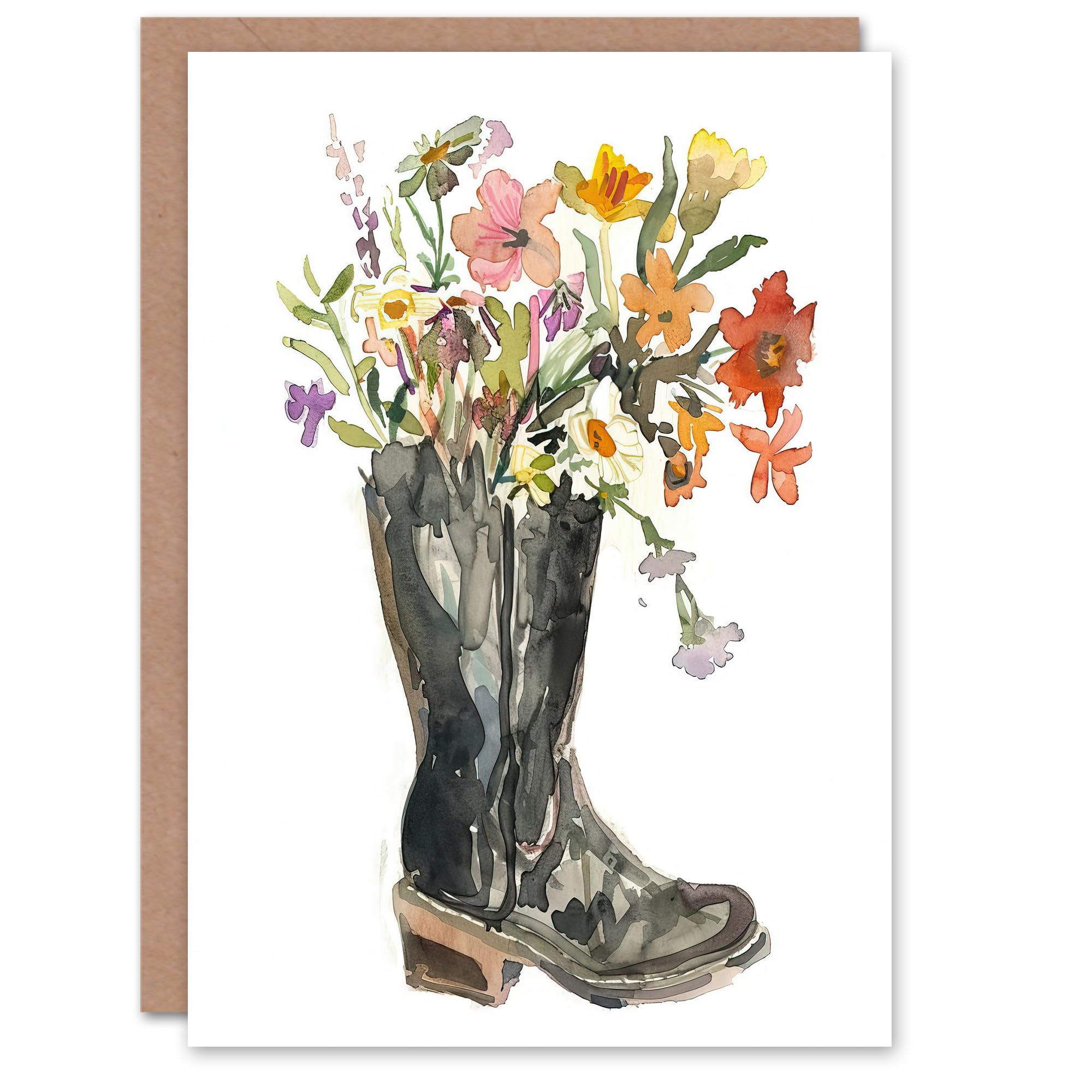 Artery8 Greeting Card Wildflower Bouquet Heeled Army Boot Watercolour For Her Woman Birthday Card