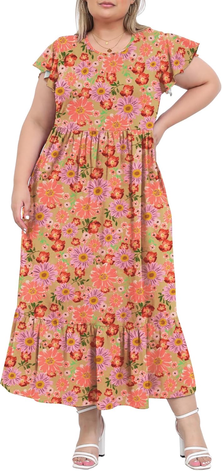 Moon Wood Women's Plus Size Maxi Dress Crew Neck Ruffle Short Sleeve Summer Casual Dresses with Pockets Long Dress