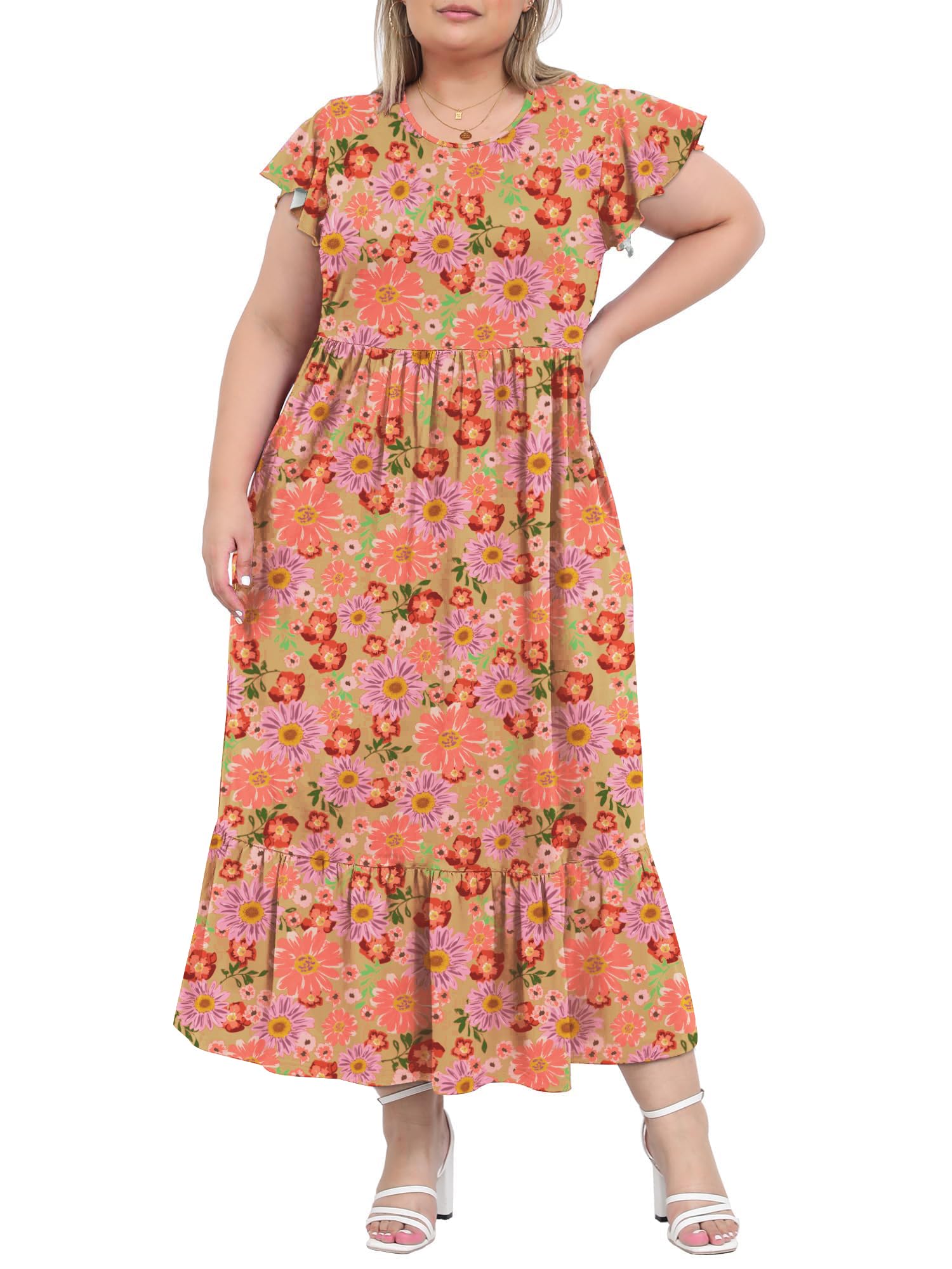 Moon Wood Damen Sommerkleid Lang Freizeit Maxikleid Curvy Blumenkleid mit Kurzarm und Taschen Große Größen