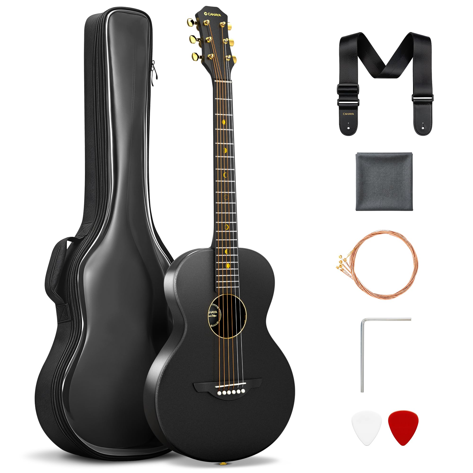 CAHAYA Carbonfaser Akustikgitarre 38 Zoll, ultraleicht 1,9 kg, Reisegitarre | OM-Bauform, ultraleicht 1,9 kg, wetterfest; Low Action, Modern-C-Hals, Stahlsaiten, Gigbag & Zubehör für Anfänger und Reisen