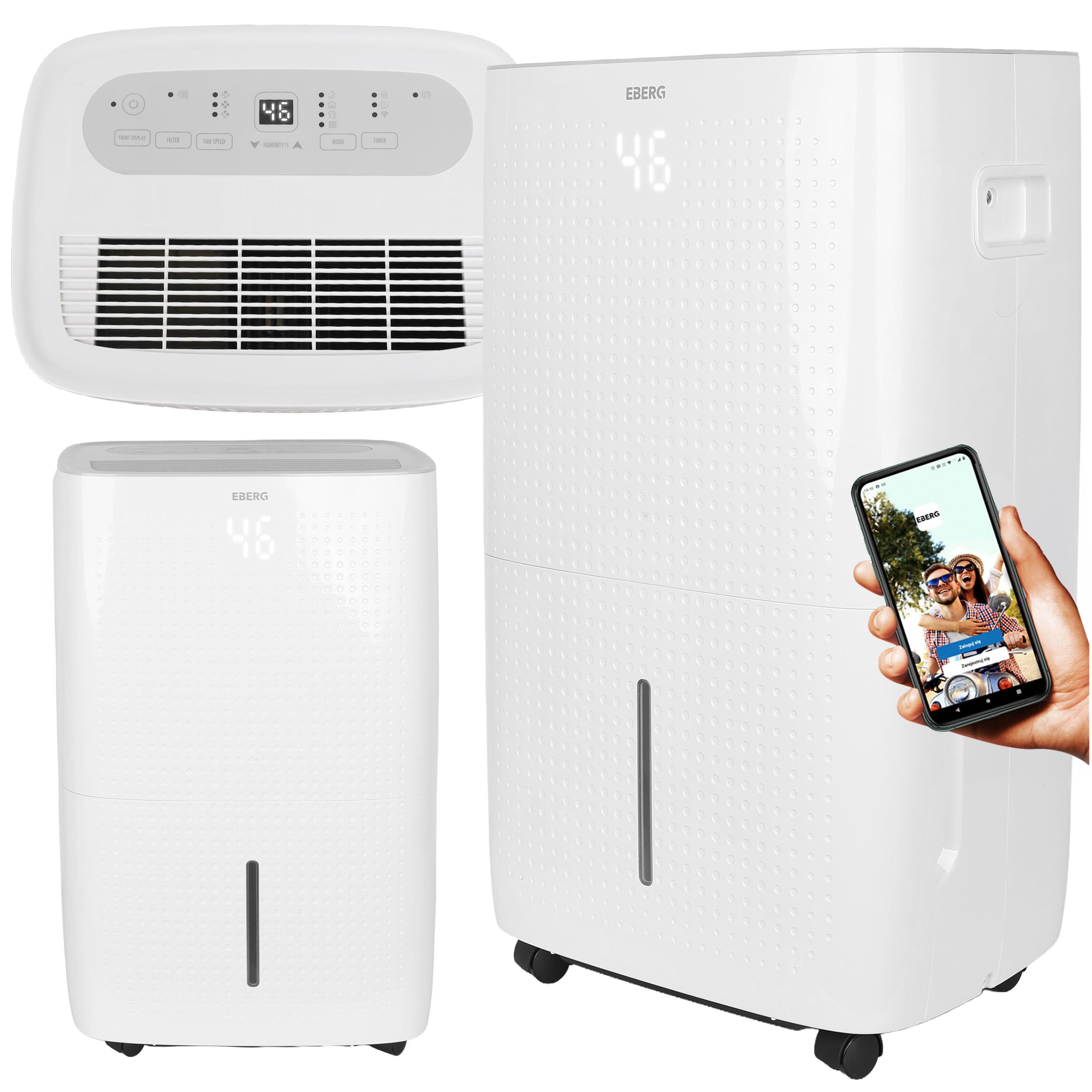 EBERG BROX Osuszacz powietrza 60 l/24 h z WiFi, higrostatem, 8 l zbiornikiem, 3 prędkościami wentylatora i drenażem ciągłym, osuszacz do domu, biura i suszenia prania