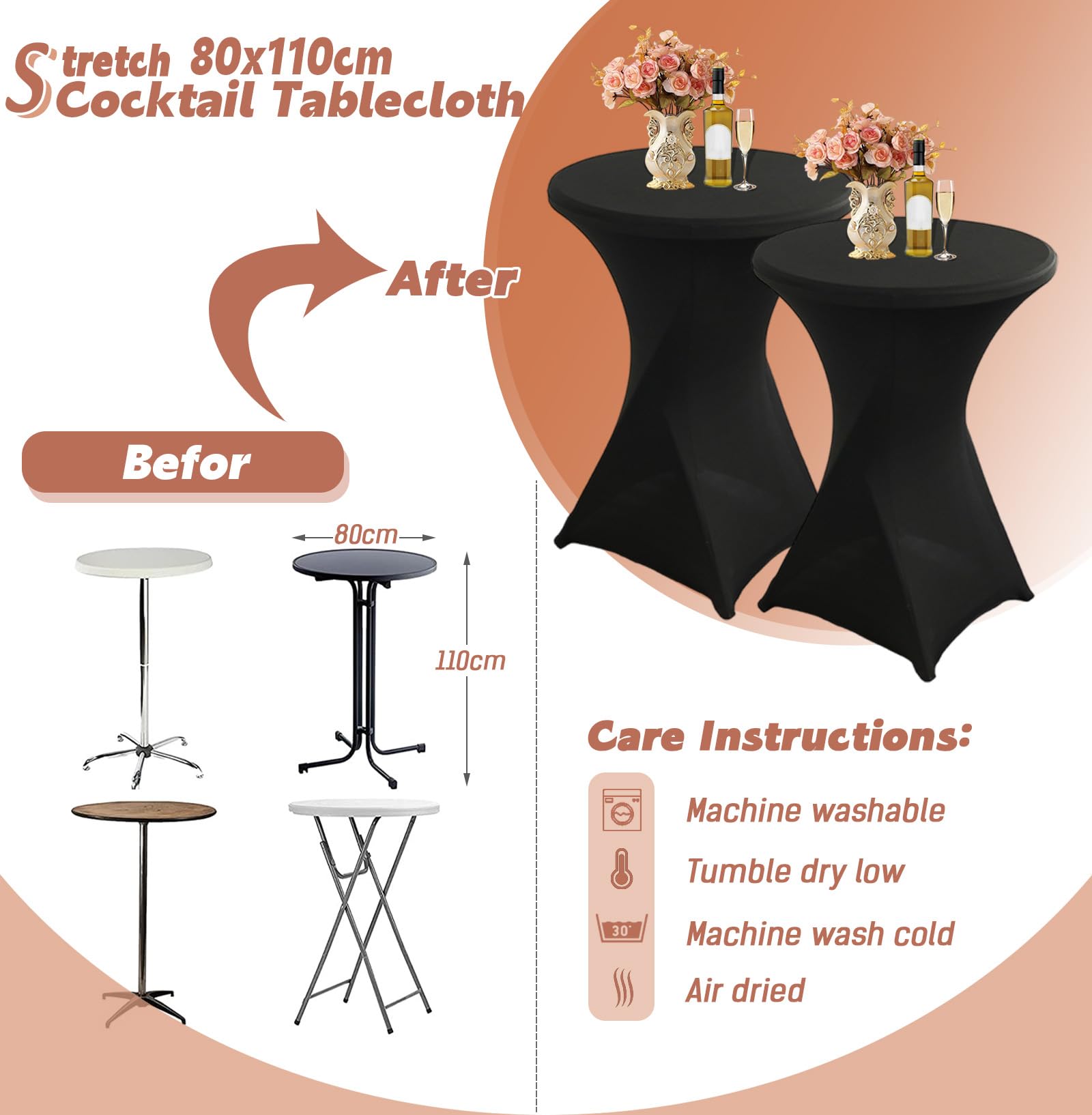 5 fundas de mesa de cóctel negras de 80 x 110 cm, mantel elástico ajustable para bodas, fiestas, eventos, hogar, ideal para bares, celebraciones de cumpleaños