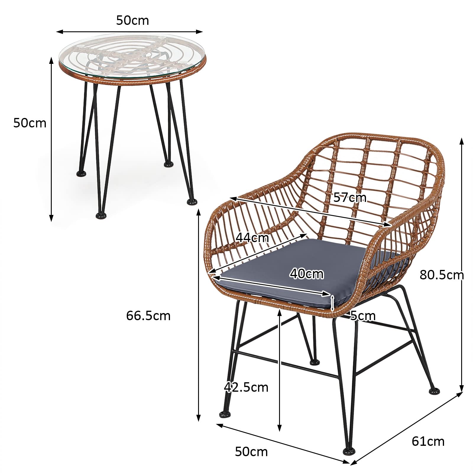 Giantex Bistro konwersacyjne na patio, 3-częściowy zestaw mebli rattanowych z okrągłym stołem i 2 fotelami z poduszkami na patio, do ogrodu, na taras, balkon