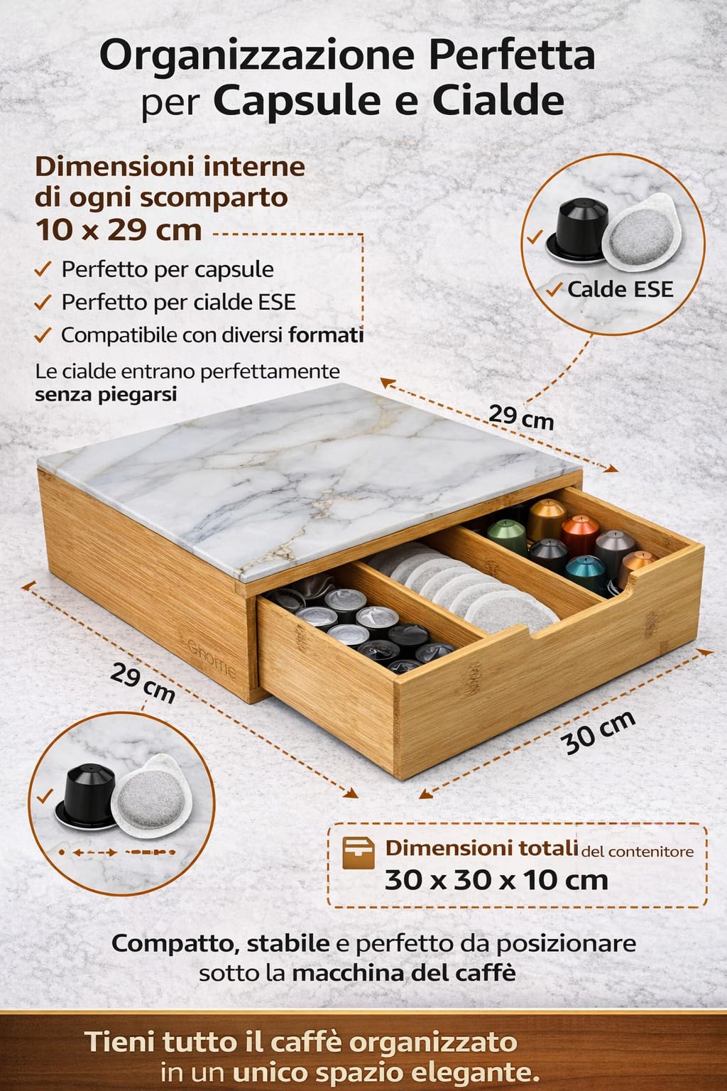 Porta Capsule Caffè con Cassetto in Bambù e Vetro Temperato Effetto Marmorizzato 30x30x10 cm - Supporto Macchina Caffè Salvaspazio