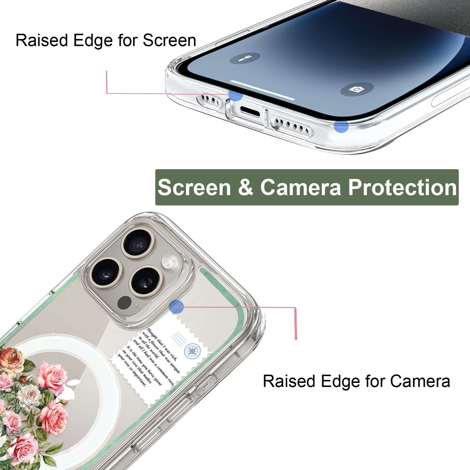 Unov Case Compatible with iPhone 15 Pro Max Case Magnetic Clear with Design Compatible with MagSafe Slim Protective Soft TPU Bumper with Hard PC Back Embossed Pattern (Rose Bouquet) - Image 2