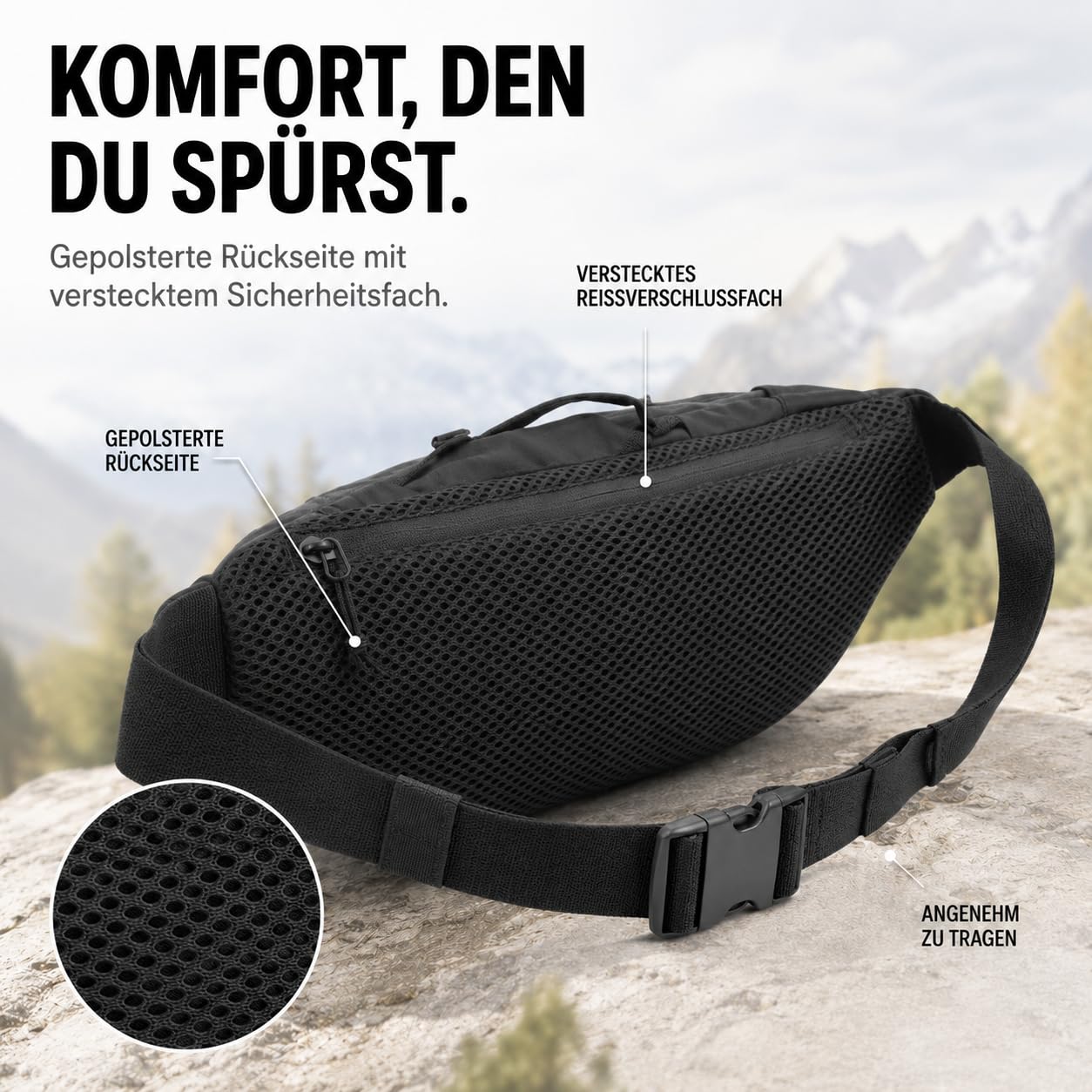 Terra Peak® Marsupio da 1,5 l, con scomparto geo-Tag – Marsupio da donna e uomo nero – Marsupio Hip Bag Fanny Pack Belt Bag Bag – Sport Escursioni Viaggi Festival, Crossbody, Imbottito