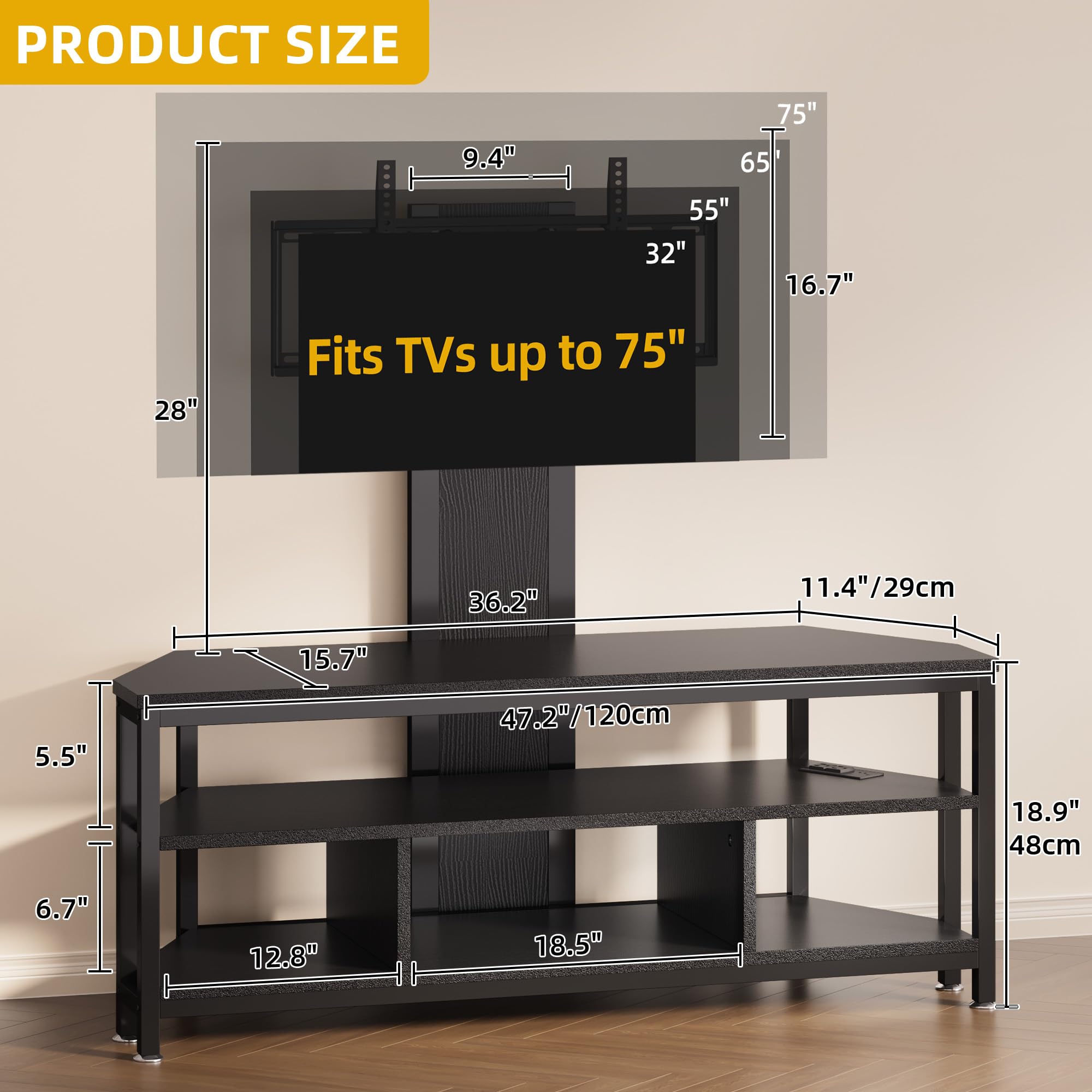 DWVO Black TV Stands for Living Room w/Power Outlet, TV Stand with Mount, LED Entertainment Center for 70/65/60 inch TV, Height Adjustable TV Console Cabinet, Black