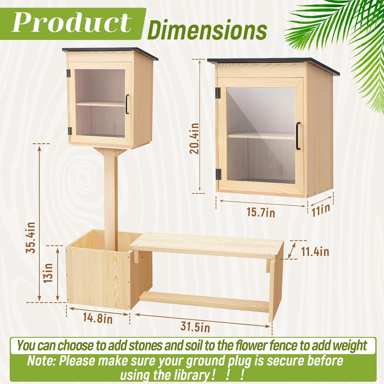 Little Library Box Outdoor with Bench Set, Durable Weatherproof Solid Wood Exchange Box with Floor Plugs and Flower Fence for Neighborhoods, Community, School(Wood)