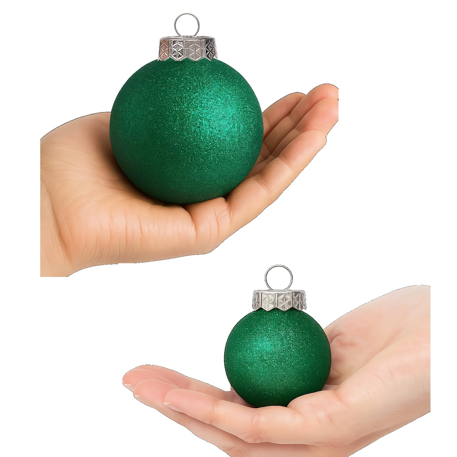 Grüne Kugeln für Christbaumschmuck, bruchsicherer Kunststoff 60 mm und 80 mm Glitzer-Schneebälle, Eiszapfen und Schneeflocken, Ornament-Set mit 32 Stück