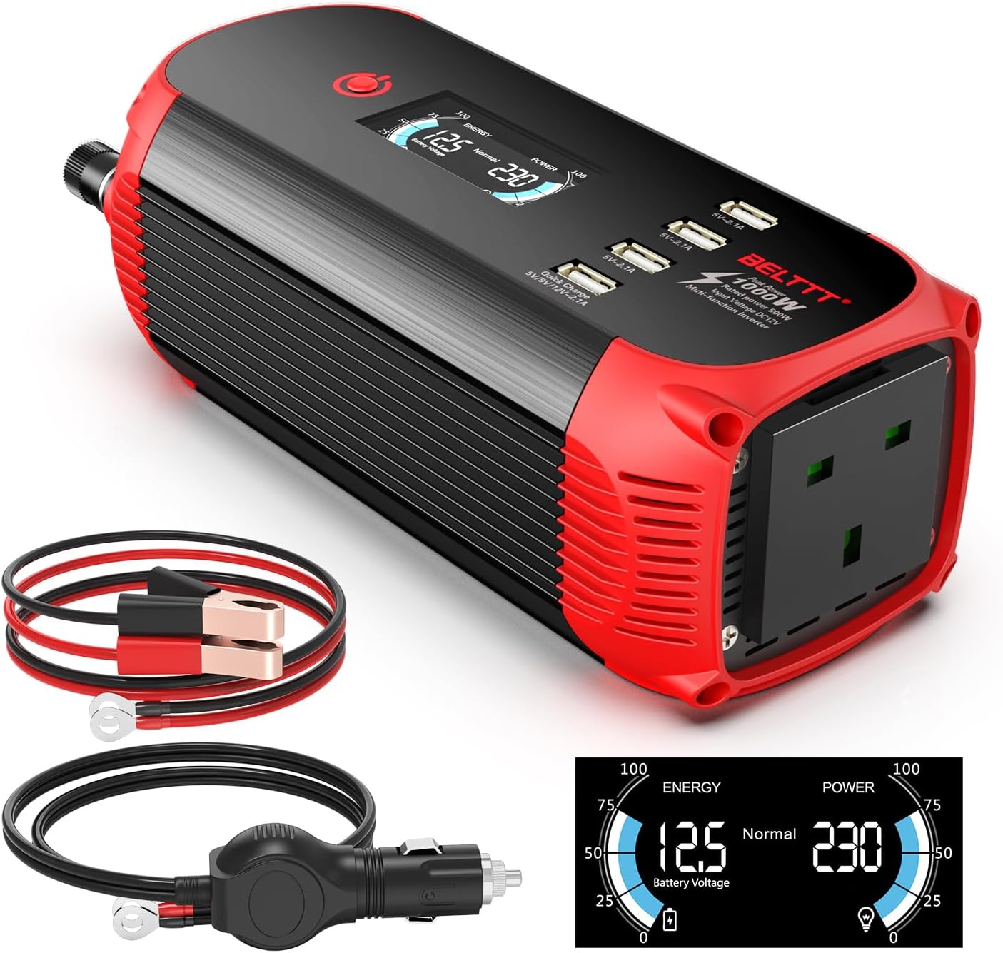 BELTTT 500W Inverter 12V to 240V 230V AC, Car Power Inverter 1000W Peak, Car Cigarette Adapter Converter, Red Aluminum Alloy Body with AC Outlet, 4 USB Ports and Smart Digital Display