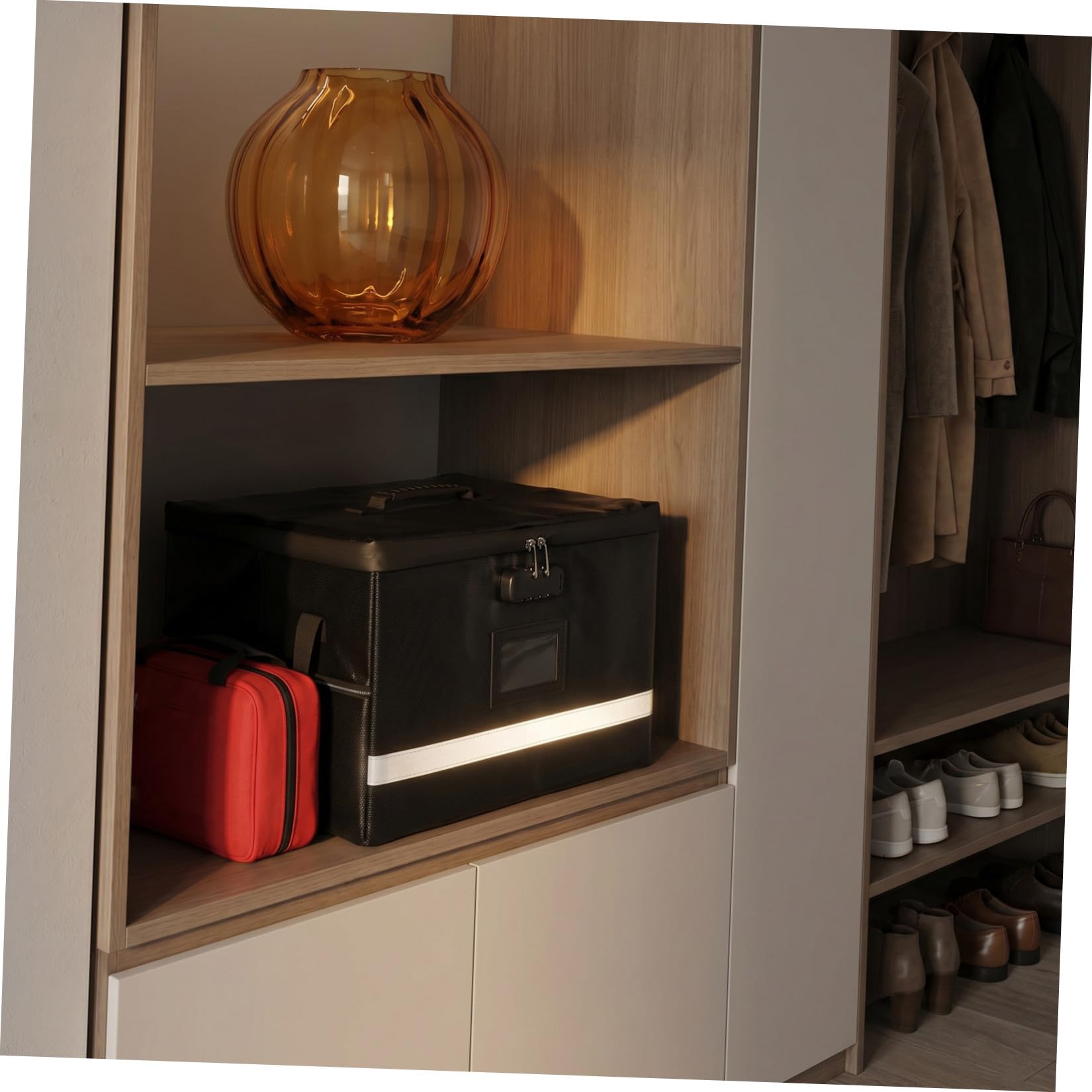 SHINEOFI Dokumentenbox mit Deckel Griff Schloss und Reißverschluss Schwarze Faltbare Feuerfeste aus Polyester und Kunststoff für Büro und Zuhause