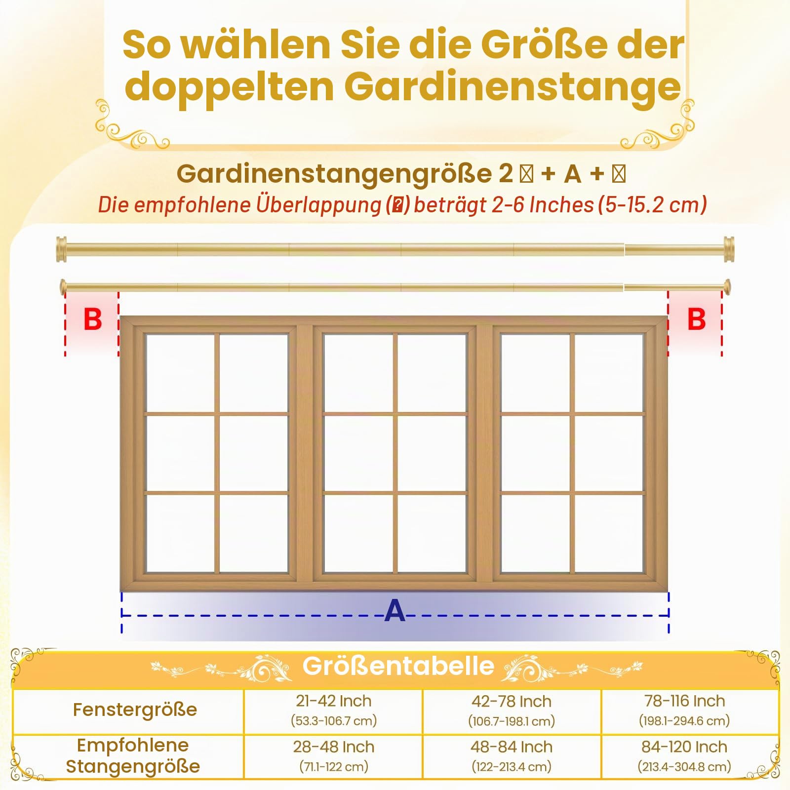 Doppel-Gardinenstange, 2,5 cm, goldfarben, 213,3 cm bis 305,5 cm, strapazierfähig, dekorative Gardinenstange für Fenster mit kleinem Endstück
