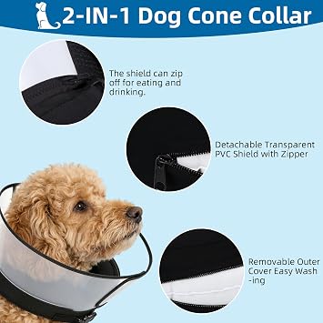 Inflatable Dog Collars for After Surgery 2-in-1 Dog Cone Collar with Detachable Shield Anti-Lick Bite Protection Donut Cone for Small Medium Large Dogs (Black, S)