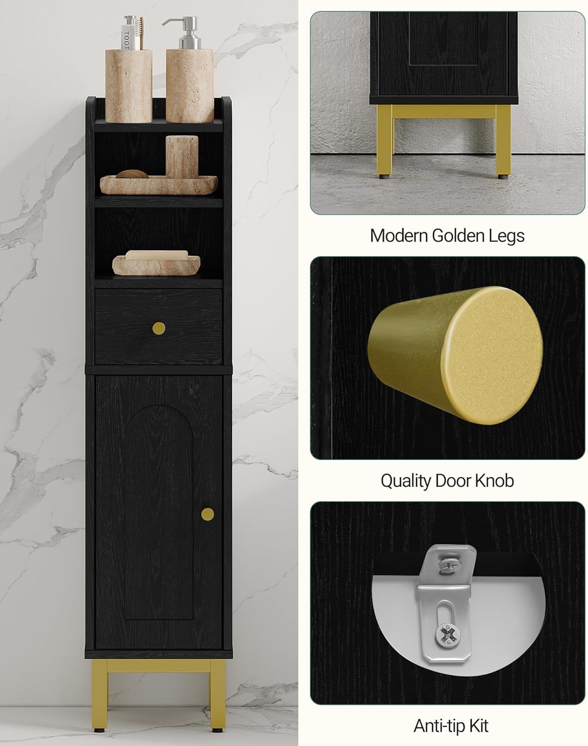 Bathroom Storage Cabinet, Corner Floor Cabinet with Drawers and Doors, Narrow Toilet Paper Holder, Bathroom Organizer with Adjustable Shelf, for Small Spaces, Black, BC19804GV1 - Image 8