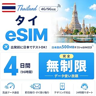 【タイ eSIM】4日間 完全無制限｜5G/4G 高速データ通信｜テザリング対応｜当日発行・すぐに利用可能｜テストeSIM付き｜24時間サポート