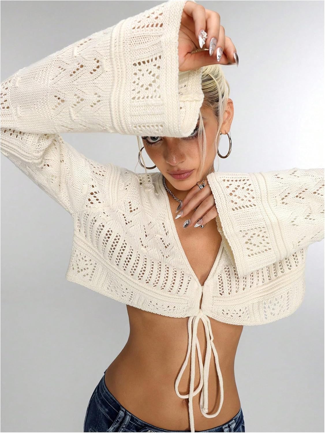 OYOANGLE Women's Tie Front Long Sleeve Crochet Cardigan V Neck Hollow Out Cropped Sweaters - Image 4