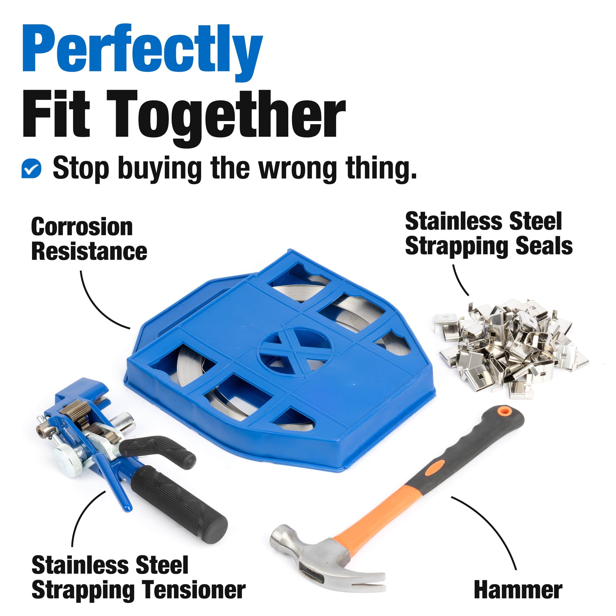 U.S. Solid Edelstahl-Bandset 304 - Umreifungszange mit 19mm x 30m Bandrolle, 100 Sicherungsclips + Hammer für stabile Palettenverpackung