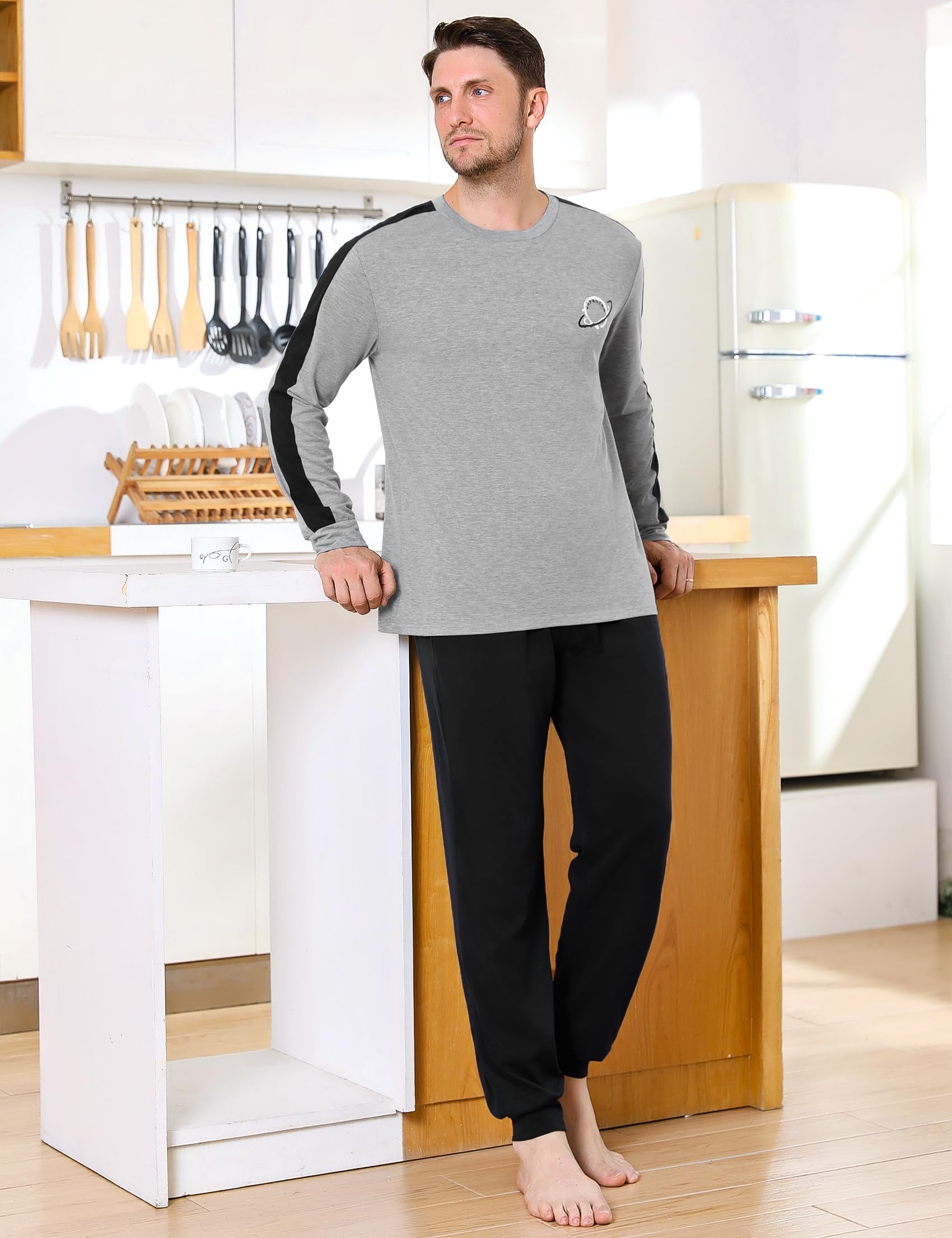 Pigiama Uomo Invernale in Cotone Due Pezzi Maniche Lunghe Leggero | Tessuto Morbido, Pantaloni Lunghi, Vestibilità Comoda, Calore Confortevole, Autunno e Inverno, Tessuto Traspirante
