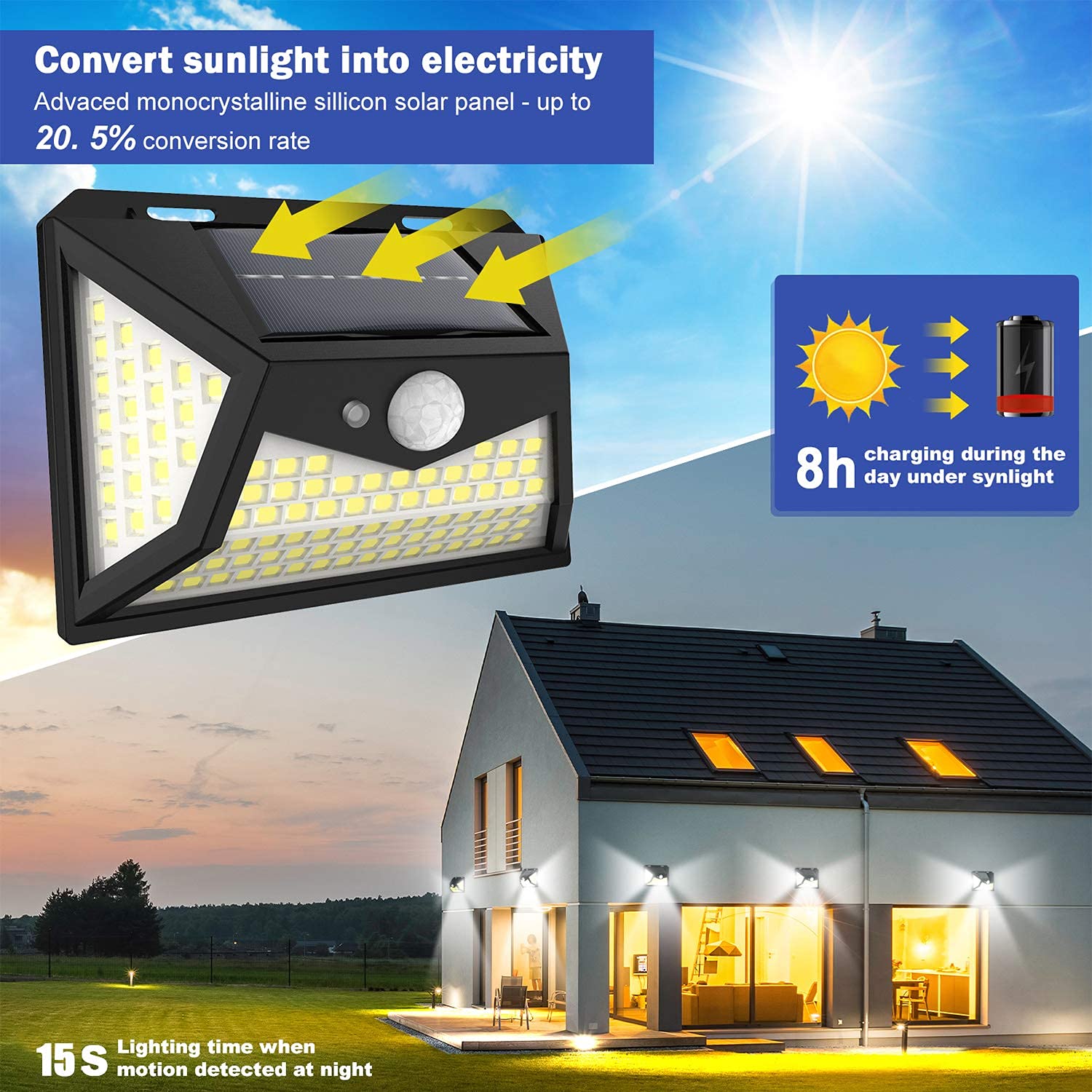 Lampa solarna do użytku na zewnątrz, 118 diod LED, czujnik ruchu, do użytku na zewnątrz, 2000 mAh, solarna lampa zewnętrzna z czujnikiem ruchu, wodoszczelna lampa ścienna, solarna lampa zewnętrzna, lampa solarna do ogrodu, 4 sztuki