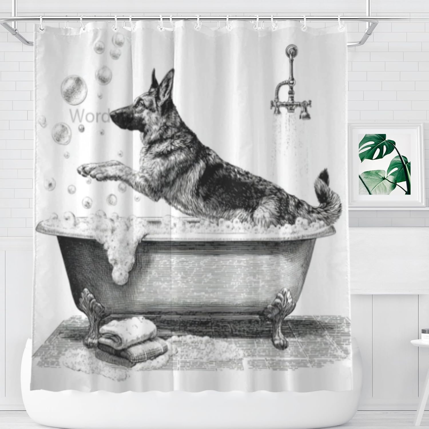 German Shepherd Shower Curtain Bathroom Set 72x72 Inches Cartoon Cute Kids Sketch Animal Pet Dogs Lover Bath Accessories Dog Art Home Decor Fabric 12Hooks