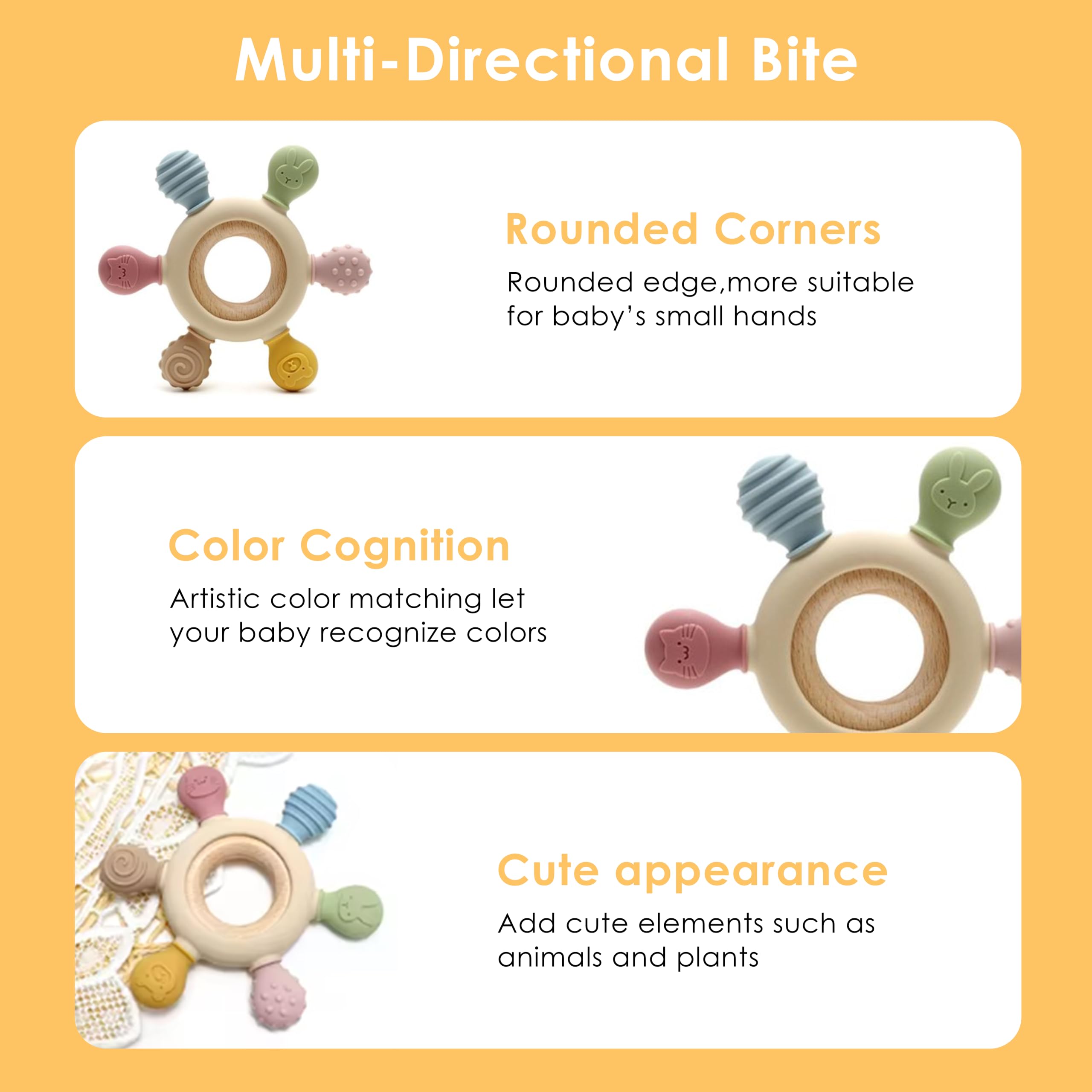 [BabyBite] Baby Teething Toys Silicone and Beechwood Baby Teether Ring for Sensory and Developmental Play for Baby and Toddler 100% BPA Free Food Grade Silicone for 0M+