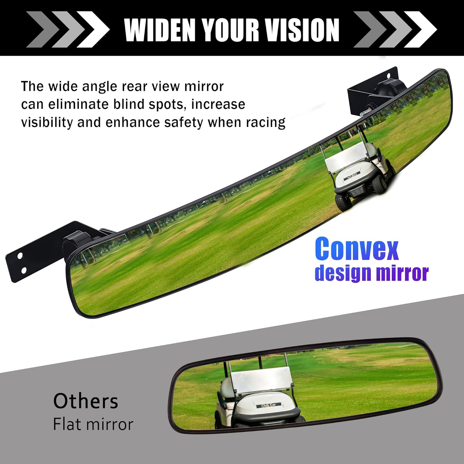 Golf Cart Rearview Mirror - 16.5 Inch Long & Wide Panoramic Golf Cart HD Clear Convex Center Rear View Mirror Fit for EzGo, Yamaha, Club Car