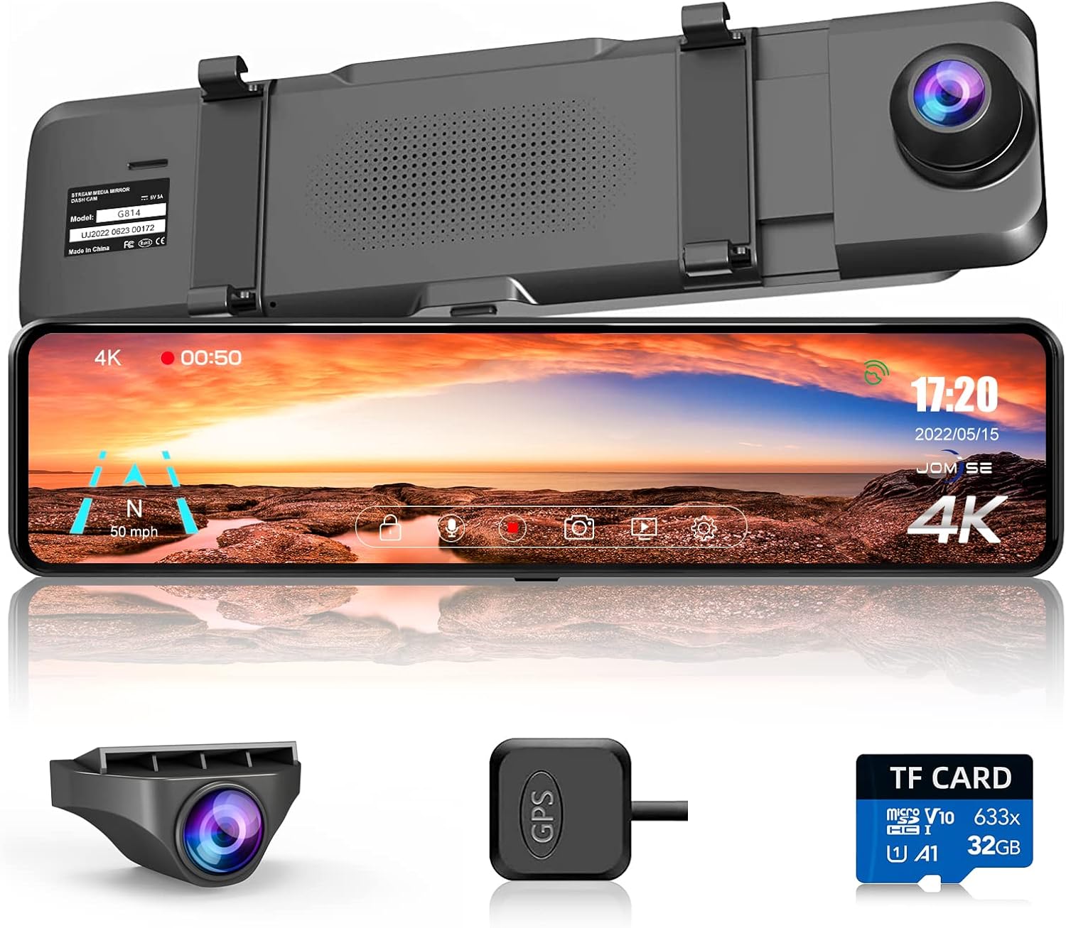 JOMISE 4K UHD Mirror Dash Cam Front and Rear Camera, Rearview Mirror