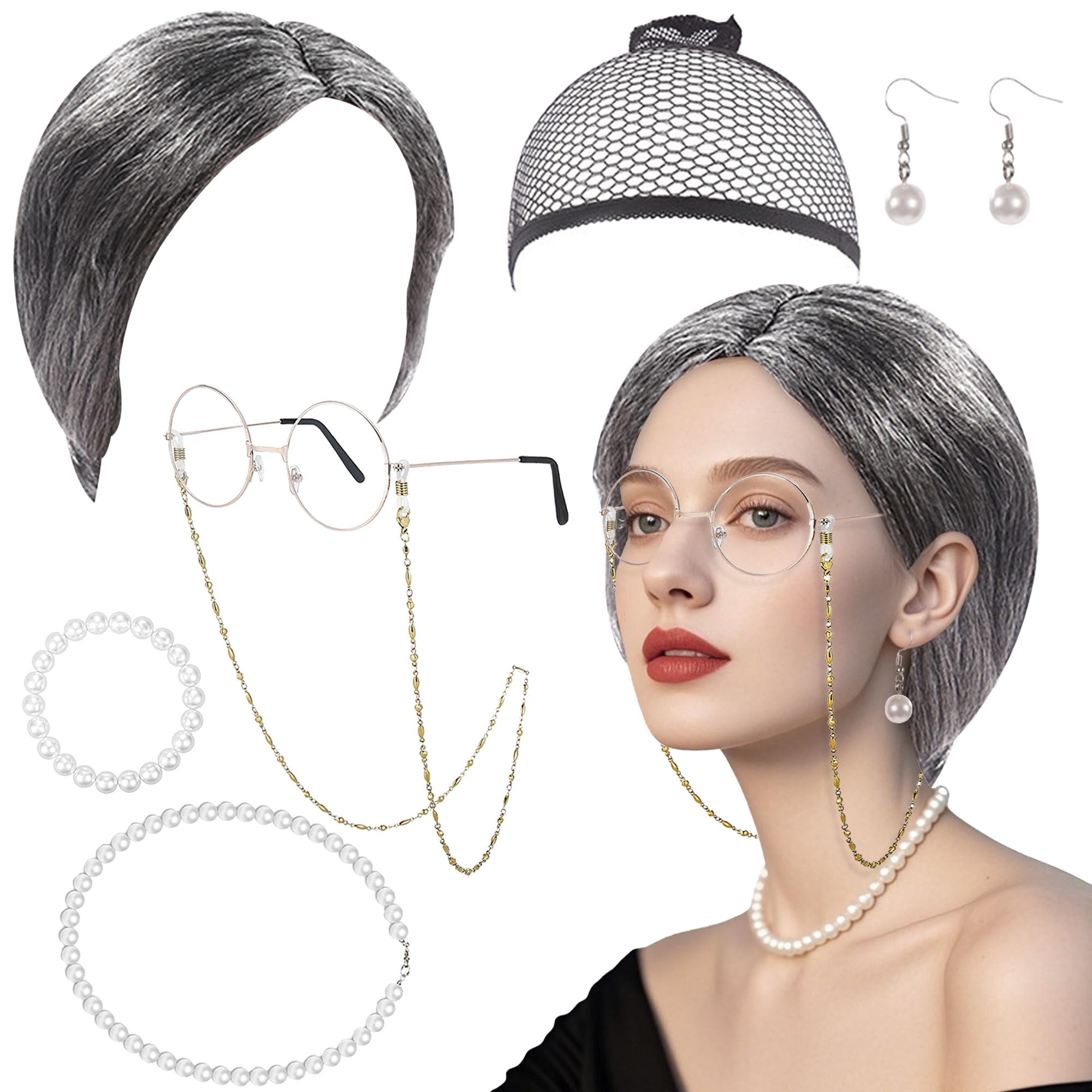 BACH AND BOUJEE Old Lady Costume Set Grey Wig Grandma Wig Granny Glasses with Chain Necklace Earrings Bracelet Old Lady Fancy Dress Accessories
