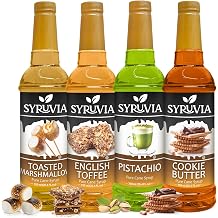 Syruvia Toasted Marshmallow, Pistachio, English Toffee, Cookie Butter Syrup - 25.4 fl oz Premium Coffee Flavoring Syrup - Kosher, Gluten Free, No Coloring, Perfect for Drinks, Lattes, Desserts & More