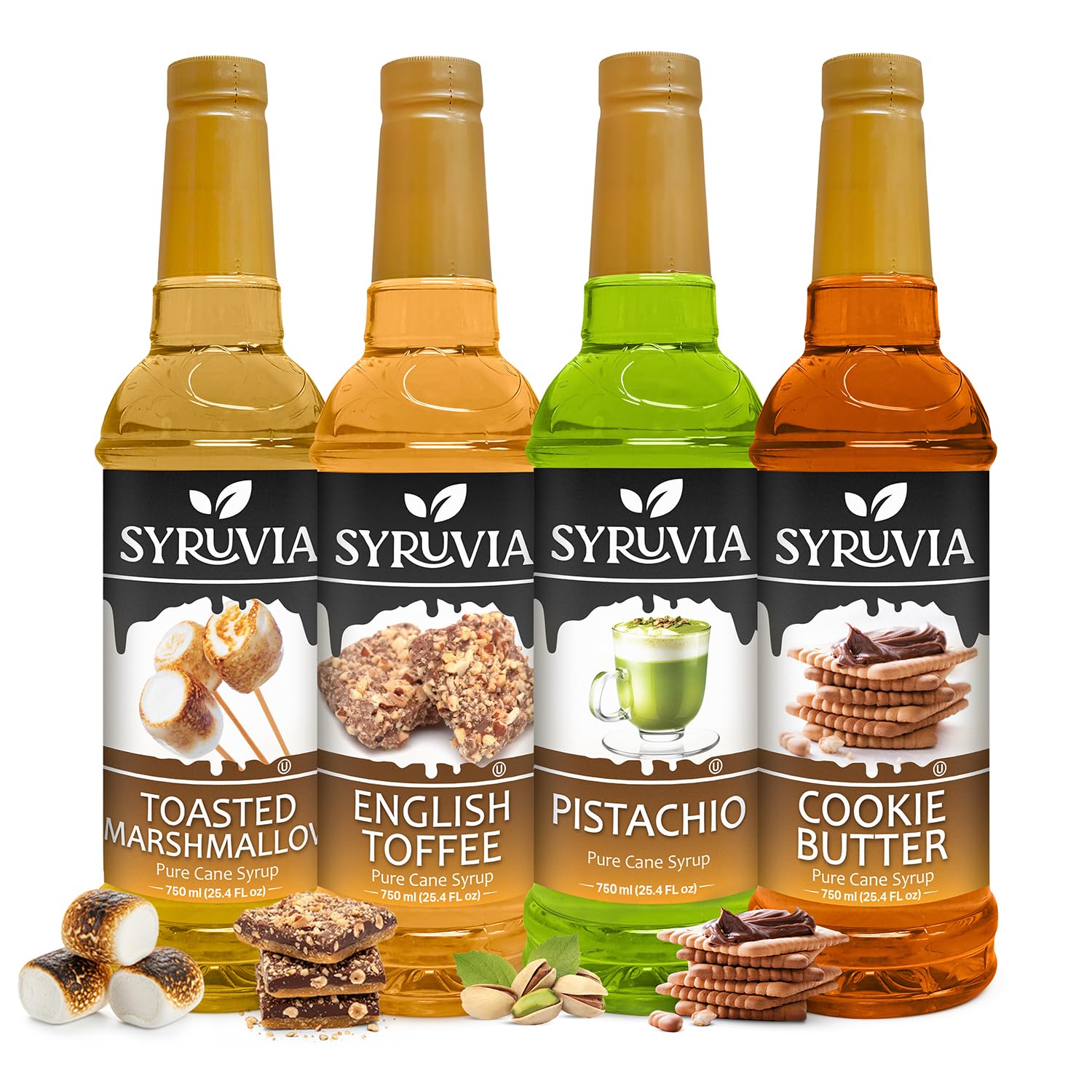 Syruvia Toasted Marshmallow, Pistachio, English Toffee, Cookie Butter Syrup - 25.4 fl oz Premium Coffee Flavoring Syrup - Kosher, Gluten Free, No Coloring, Perfect for Drinks, Lattes, Desserts & More