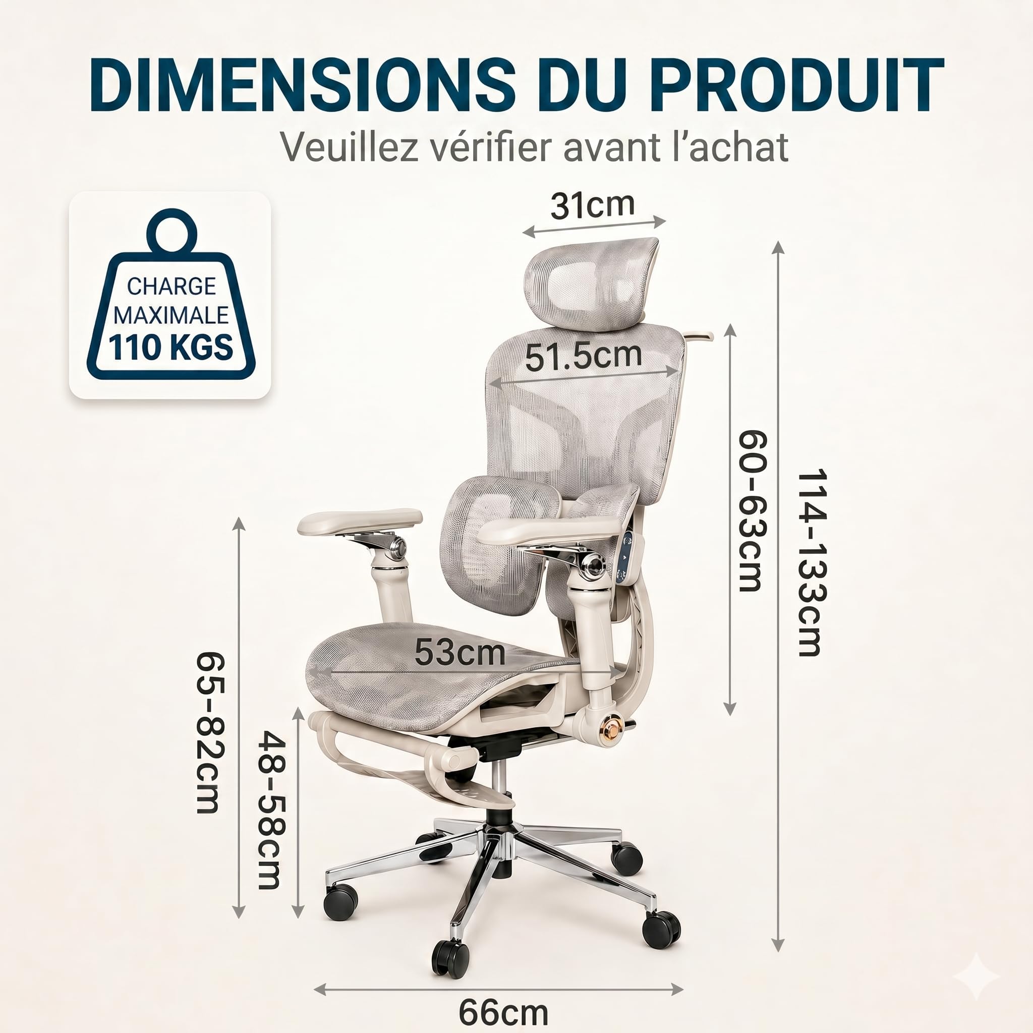 Silla de oficina ergonómica, cómoda/ajustable, reposapiés, reposabrazos 6D, reposacabezas 2D, silla de oficina con doble soporte lumbar, ruedas silenciosas, respaldo reclinable