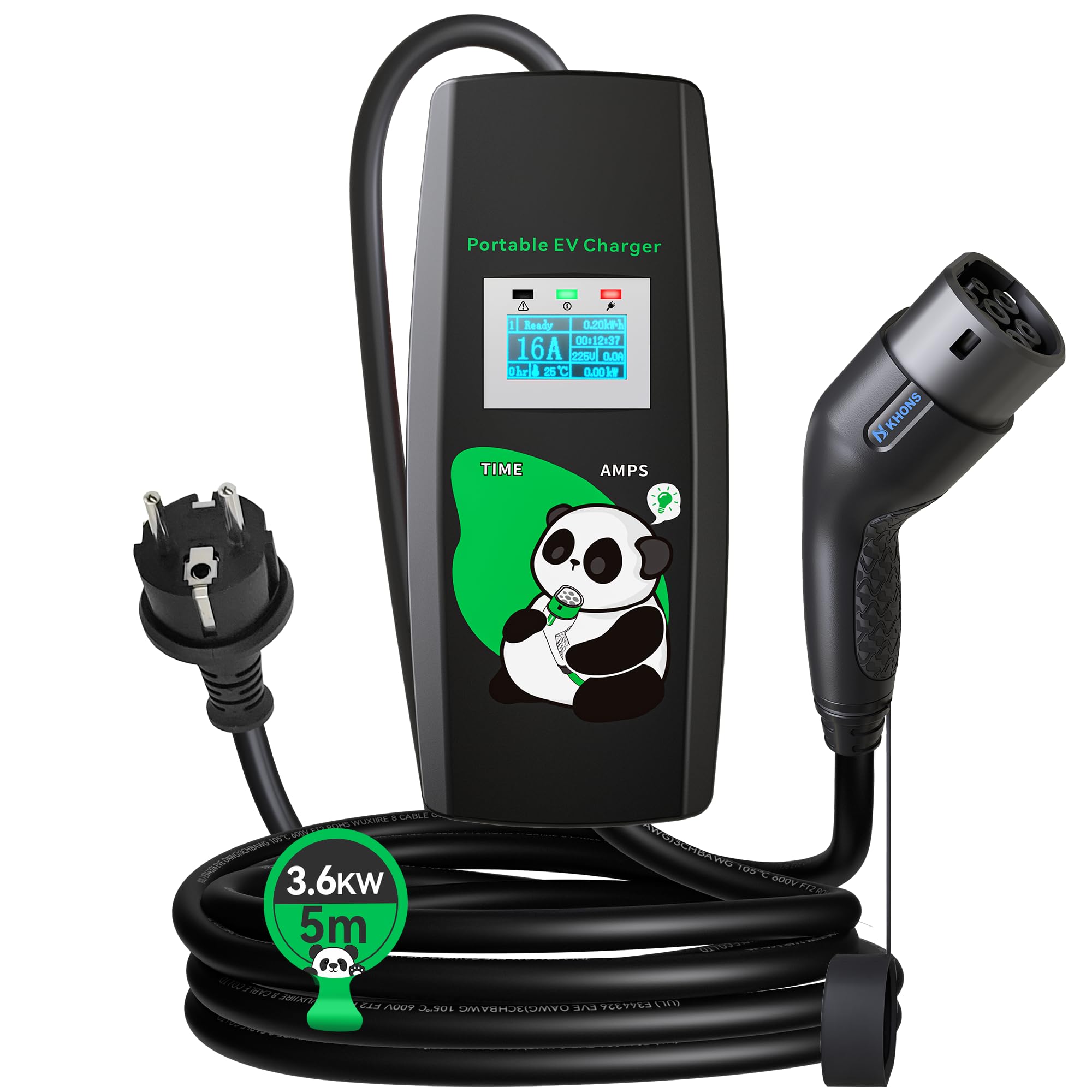 Mobile Wallbox 3,6 kW con Plug & Play, 5 m, 16 A, 1 fase, corriente ajustable y temporizador, cable de carga tipo 2 con enchufe Schuko, cargador de coche electrónico portátil para IEC 62196-2