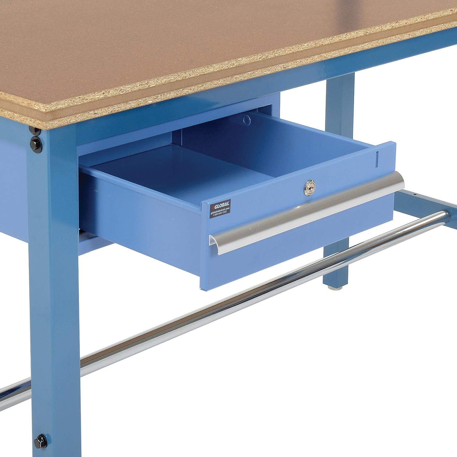 Global Industrial 60" W x 36" D Workbench, 1-5/8" Thick Shop Top Square Edge with Drawer, Upright & Shelf, Blue
